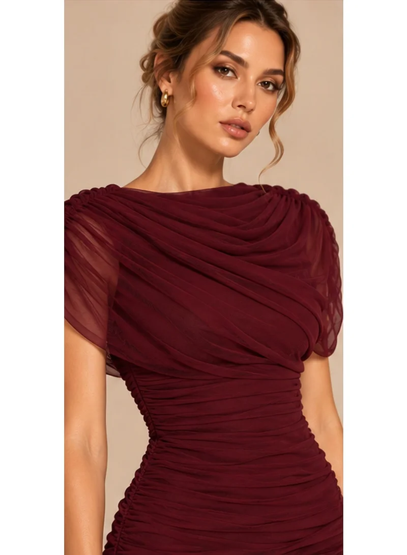 2Trendy Women's Burgundy Maxi Dress with Ruched Bodice, Sheer Flared Skirt and Short Sleeves