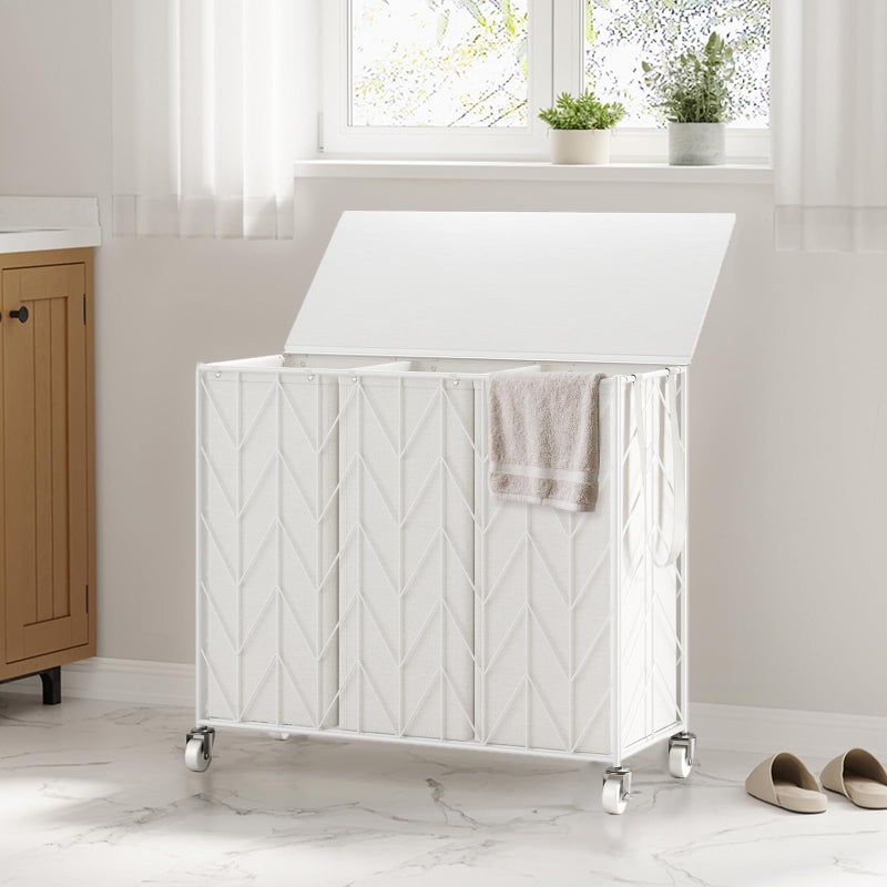 WOWLIVE Laundry Basket with Wheels, 142L Laundry Hamper 3 Section with Lid, Dirty Clothes Hamper with Removable Bags, Large Capacity Iron-Made Laundry Basket Organizer Laundry Sorter for Dorm, White - Image 2