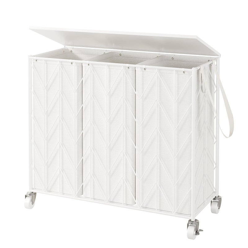 WOWLIVE Laundry Basket with Wheels, 142L Laundry Hamper 3 Section with Lid, Dirty Clothes Hamper with Removable Bags, Large Capacity Iron-Made Laundry Basket Organizer Laundry Sorter for Dorm, White - Image 1