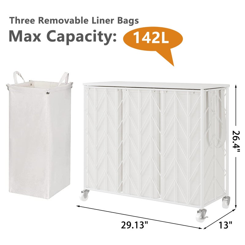 WOWLIVE Laundry Basket with Wheels, 142L Laundry Hamper 3 Section with Lid, Dirty Clothes Hamper with Removable Bags, Large Capacity Iron-Made Laundry Basket Organizer Laundry Sorter for Dorm, White - Image 3