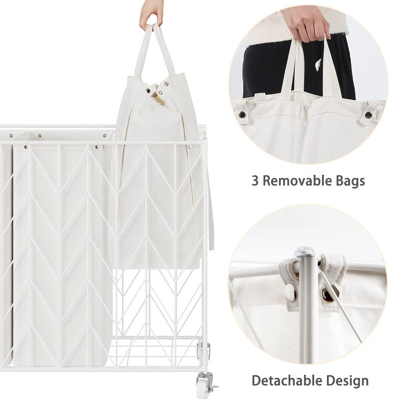 WOWLIVE Laundry Basket with Wheels, 142L Laundry Hamper 3 Section with Lid, Dirty Clothes Hamper with Removable Bags, Large Capacity Iron-Made Laundry Basket Organizer Laundry Sorter for Dorm, White - Image 5