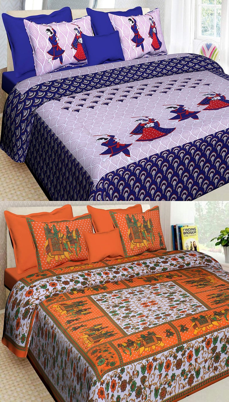 BedZone 100% Cotton Rajasthani Jaipuri King Size bedsheets Combo Double Bed Set 2 Double Bedsheet with 4 Pillow Cover - (Multicolour) 27 - Image 1