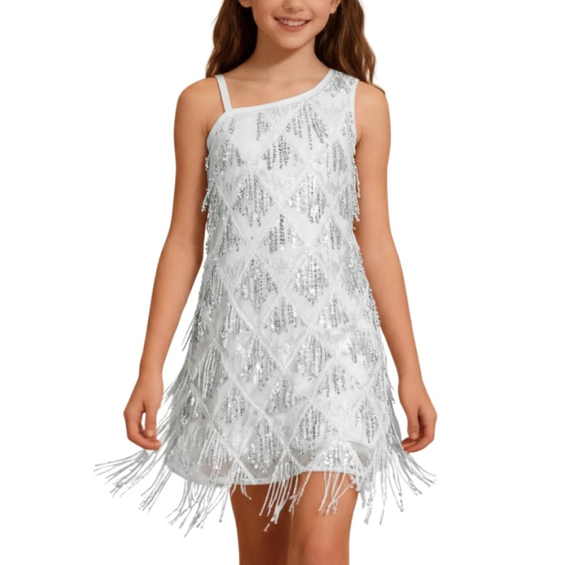 WELAKEN Girls One Shoulder Sequin Fringe Flapper Dress with Side Zipper Silver - Image 1