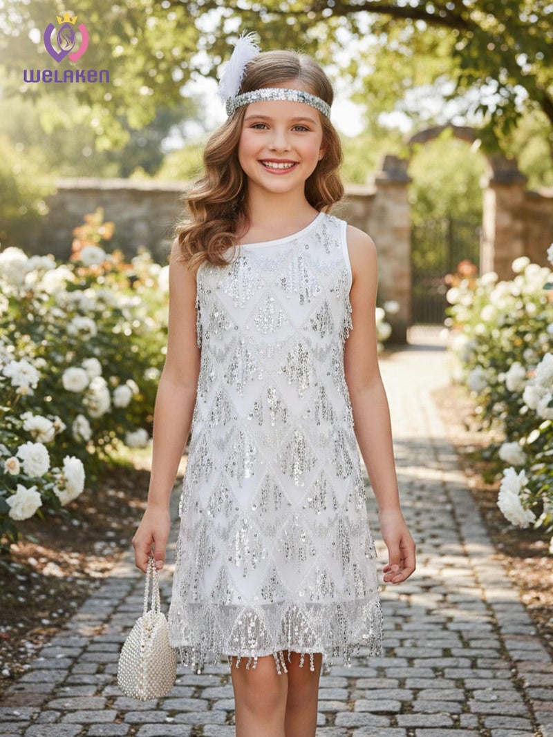 WELAKEN Girls One Shoulder Sequin Fringe Flapper Dress with Side Zipper Silver - Image 2