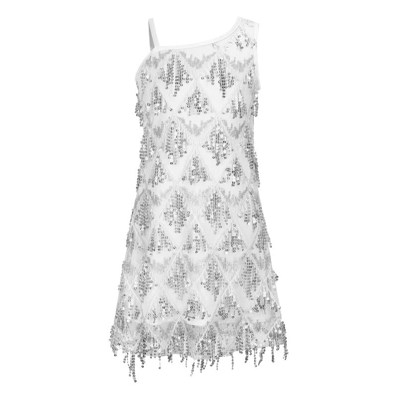 WELAKEN Girls One Shoulder Sequin Fringe Flapper Dress with Side Zipper Silver - Image 4
