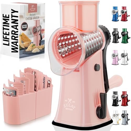 Zulay Kitchen Rotary Cheese Grater 5 Blade Cheese Shredder Manual Hand Crank Cheese Grater With Reinforced Suction 5 Interchangeable Drums Easy to Use Vegetable Chopper Round Mandoline Slicer - Image 1