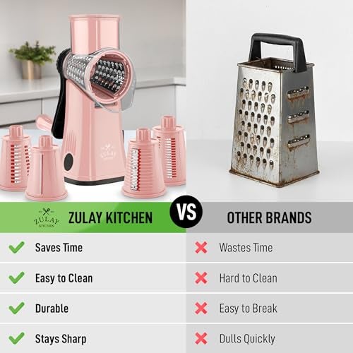 Zulay Kitchen Rotary Cheese Grater 5 Blade Cheese Shredder Manual Hand Crank Cheese Grater With Reinforced Suction 5 Interchangeable Drums Easy to Use Vegetable Chopper Round Mandoline Slicer - Image 3