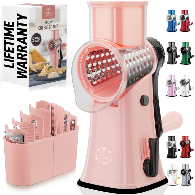 Zulay Kitchen Rotary Cheese Grater 5 Blade Cheese Shredder Manual Hand Crank Cheese Grater With Reinforced Suction 5 Interchangeable Drums Easy to Use Vegetable Chopper Round Mandoline Slicer - Image 2