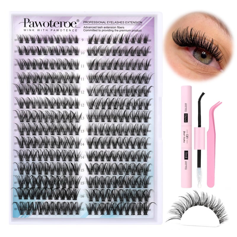 Pawotence Lash Clusters Kit Cat Eye Lash Extension Kit DIY 9-16mm Cluster Eyelash Extensions Kit 40D Individual Lashes with Lash Bond and Seal, Lash Tweezers for Self Use (Fox 40D, 9-16mm, Kit) - Image 1
