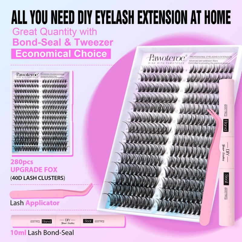 Pawotence Lash Clusters Kit Cat Eye Lash Extension Kit DIY 9-16mm Cluster Eyelash Extensions Kit 40D Individual Lashes with Lash Bond and Seal, Lash Tweezers for Self Use (Fox 40D, 9-16mm, Kit) - Image 2
