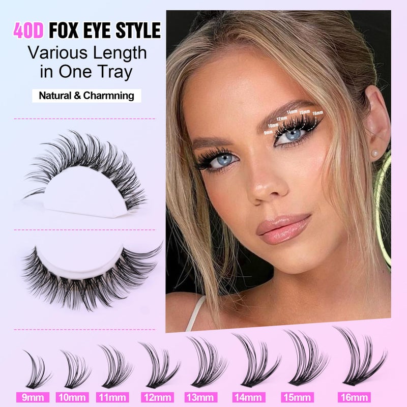 Pawotence Lash Clusters Kit Cat Eye Lash Extension Kit DIY 9-16mm Cluster Eyelash Extensions Kit 40D Individual Lashes with Lash Bond and Seal, Lash Tweezers for Self Use (Fox 40D, 9-16mm, Kit) - Image 3
