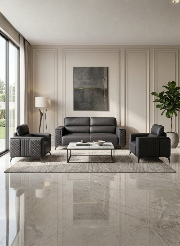Karnak Kinzli Modern 5-Seater Sofa Set | Leather Tufted Couch | Black Comfortable Armrest Sofa Set for Living Room Apartment, Villas Furniture - Image 1
