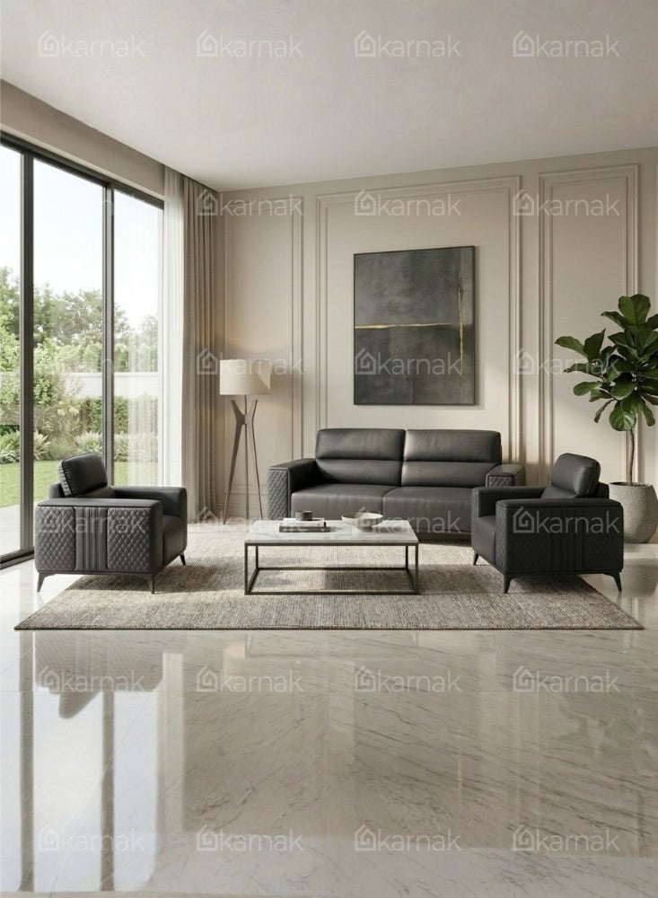 Karnak Kinzli Modern 5-Seater Sofa Set | Leather Tufted Couch | Black Comfortable Armrest Sofa Set for Living Room Apartment, Villas Furniture - Image 2