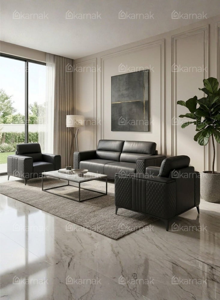 Karnak Kinzli Modern 5-Seater Sofa Set | Leather Tufted Couch | Black Comfortable Armrest Sofa Set for Living Room Apartment, Villas Furniture - Image 3