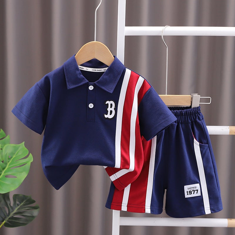 Male baby summer short sleeve two-piece children 4 small and medium-sized children 0 handsome 2 clothes 1-5 years old baby suit wholesale Blue