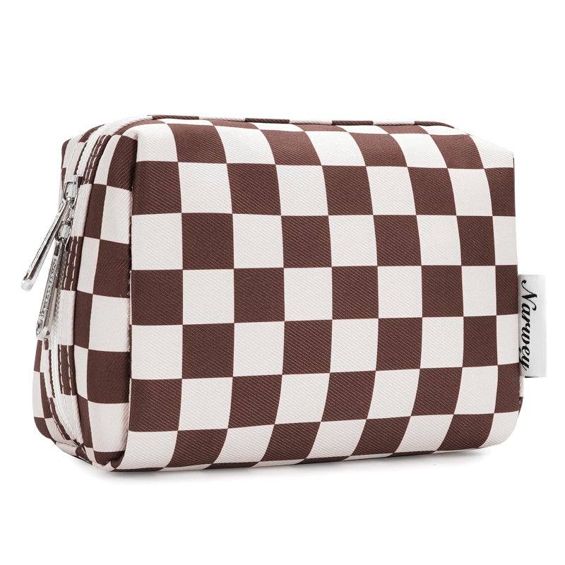 Narwey Small Checkered Makeup Bag for Purse Mini Cosmetic Bag Travel Makeup Pouch Zipper Pouch Cute Make up Bags with Compartments for Women Girls (Dark Checkerboard, Small) - Image 1