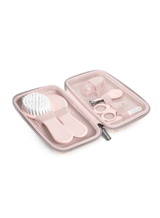 SUAVINEX Baby Care Daily Grooming Essential Gift Set Of 6 Contains Finger Toothbrush, Comb, Nail Clippers, Scissors & Brush 0+Month - Pink - Image 1