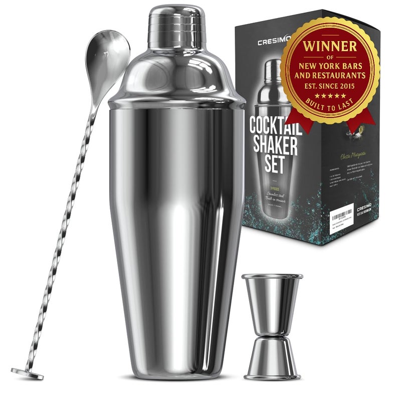 Cresimo مجموعة خفاقة كوكتيل 24 أونصة من كريزيمو مع ملحقات بار للبار المنزلي - خفاقة مارتيني مع قياس وملعقة خلط - هدية بارمان الكحول - مجموعة أدوات بار أساسية للمنزل - Image 1