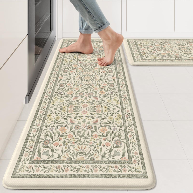 KIMODE Anti Fatigue Mats for Kitchen Floor, 17.3"x29"+17.3"x47" Farmhouse Kitchen Rugs Sets of 2, Cushioned Kitchen Mats for Floor Non Slip, Padded Standing Desk Mat for Sink Laundry Desk Green - Image 1