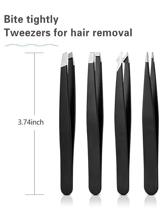 4-Piece Tweezers Set, Professional Stainless Steel Tweezers For Eyebrows, High Precision Stainless Steel Eyebrow Tweezers for Facial Hair, Inward Growing Hair and Splinter Remover Kit (Black) - Image 2