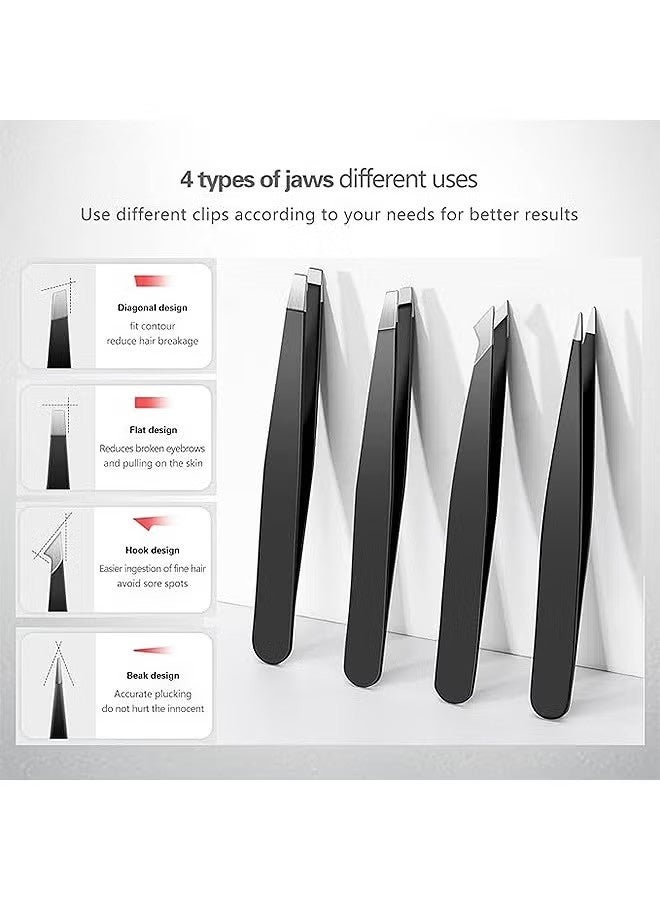 4-Piece Tweezers Set, Professional Stainless Steel Tweezers For Eyebrows, High Precision Stainless Steel Eyebrow Tweezers for Facial Hair, Inward Growing Hair and Splinter Remover Kit (Black) - Image 4