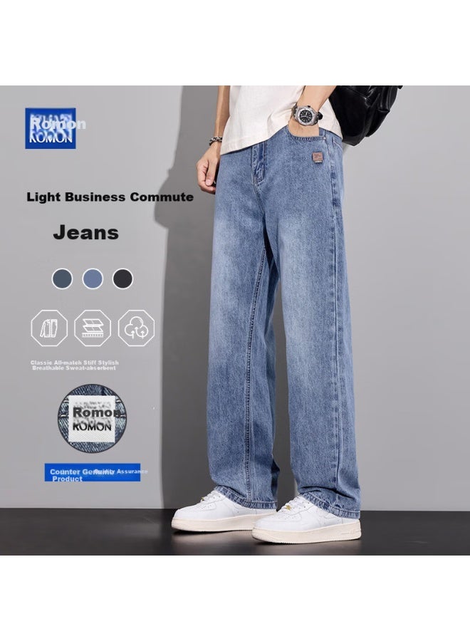 Romon Men's Stretch Straight Wide-leg Jeans Casual American Retro Loose-leg Pants Blue 30