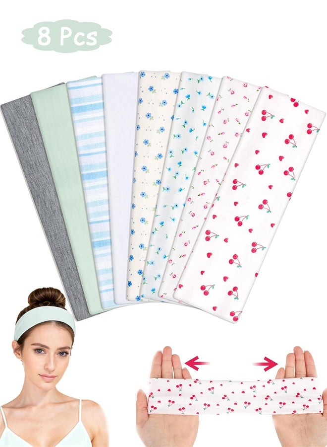 MXN 8 Pcs Floral Stripe Headbands Non Slip Soft Cotton Sport Elastic Hairbands for Men and Women, Thin Soft Cotton Fashion Hair Bands for Yoga, Workout, Running, Cycling (Multicolor) - Image 1