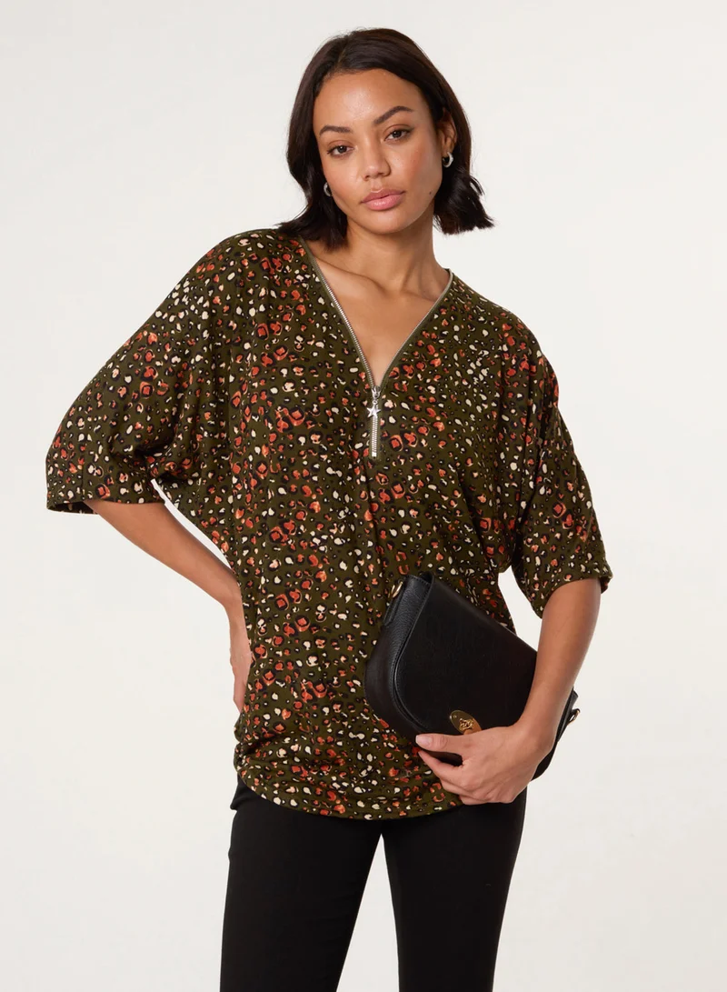 Blue Vanilla Printed Zip Front Top