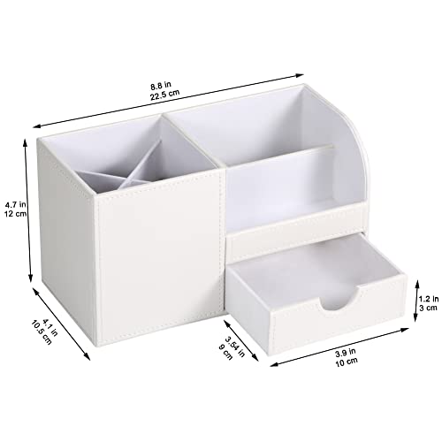 KINGFOM Desk Organizer Office Supplies Caddy Pu Leather Multifunction Storage Box PenPencilCell phone Business Name Cards Remote Control Holder with Small Drawer White - Image 3