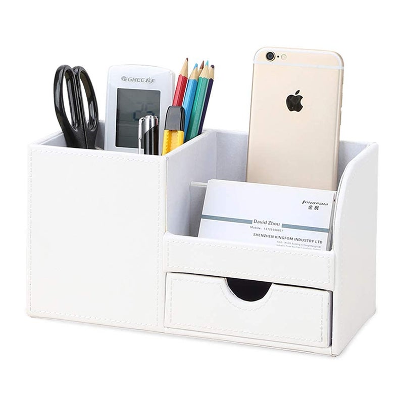 KINGFOM Desk Organizer Office Supplies Caddy Pu Leather Multifunction Storage Box PenPencilCell phone Business Name Cards Remote Control Holder with Small Drawer White - Image 2