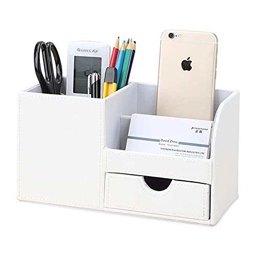 KINGFOM Desk Organizer Office Supplies Caddy Pu Leather Multifunction Storage Box PenPencilCell phone Business Name Cards Remote Control Holder with Small Drawer White - Image 1