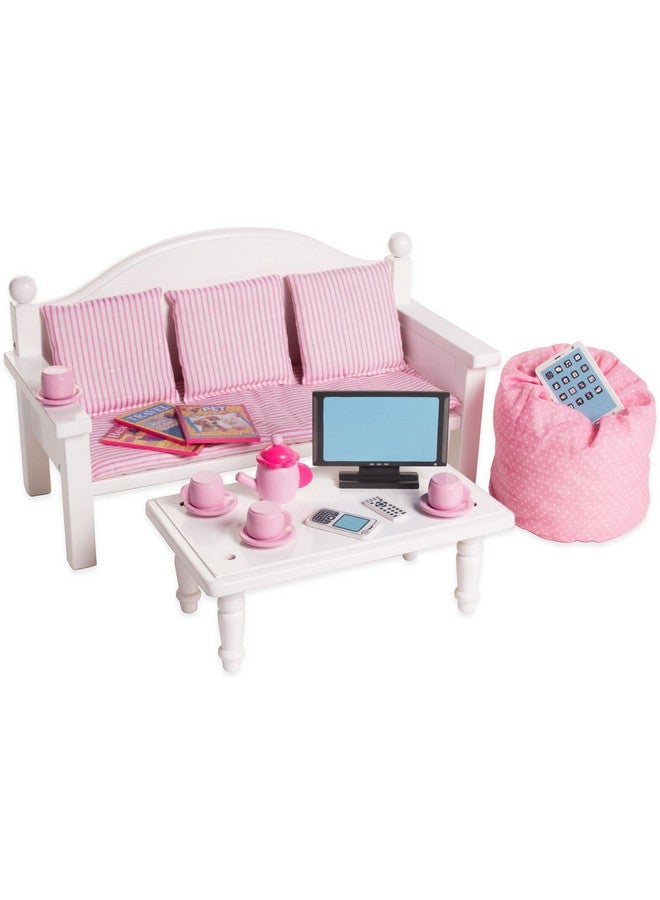 Playtime by Eimmie 18 Inch Doll Furniture - Doll Couch & Coffee Table With Living Room Accessories - Fits American, Generation, My Life & Similar 14"-18" Girl Dolls - White Wood Playset - Image 1