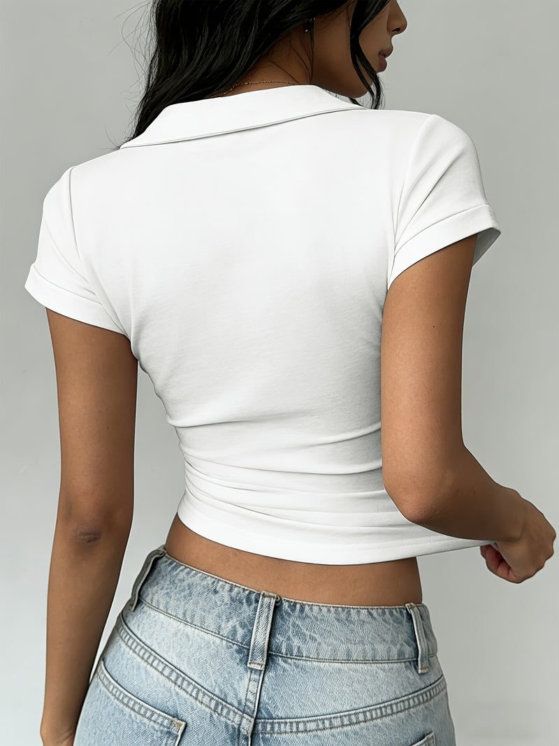 American Vintage Collared Shirt, Trendy Women'S Minimalist Fitted Short - Sleeve Polo Style, Flattering Slim - Fit T - Shirt for Women, - White / XS - Image 2