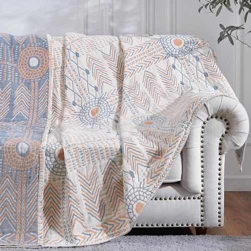 jinchan Boho 100 Cotton Muslin Queen Size 80x90 Throw Blanket Lightweight 4Layer Orange Reversible Blanket Washable Breathable Geometric Striped Pattern Soft Comfy for Couch Bed Decor All Seasons - Image 1