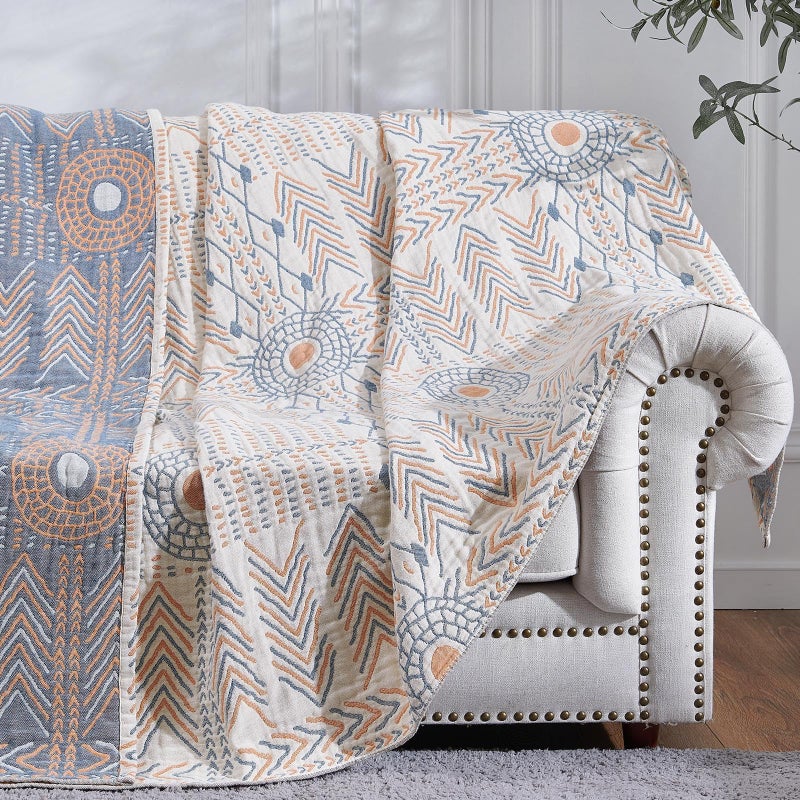 jinchan Boho 100 Cotton Muslin Queen Size 80x90 Throw Blanket Lightweight 4Layer Orange Reversible Blanket Washable Breathable Geometric Striped Pattern Soft Comfy for Couch Bed Decor All Seasons - Image 2