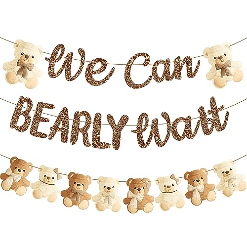 umoni Teddy Bear Banner We Can Bearly Wait Brown Glitter Baby Shower Decorations Gender Reveal Party Supplies 190x700 inches - Image 1
