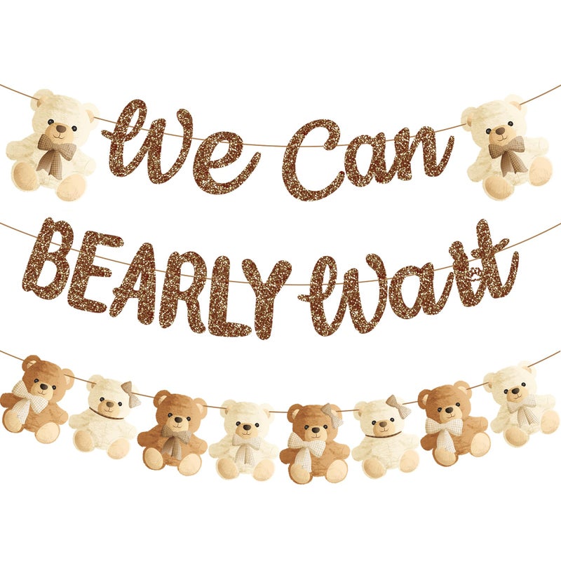 umoni Teddy Bear Banner We Can Bearly Wait Brown Glitter Baby Shower Decorations Gender Reveal Party Supplies 190x700 inches - Image 2