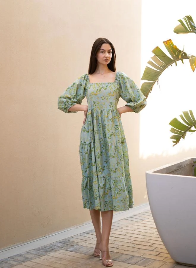 sanskrutihomes Green All Over Print Square Neck Midi Dress