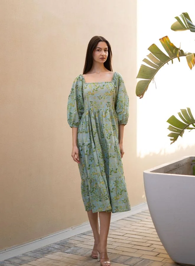 sanskrutihomes Green All Over Print Square Neck Midi Dress