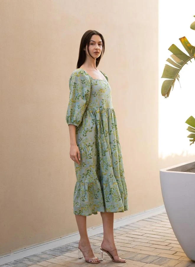 Sanskrutihomes  Green All Over Print Square Neck Midi Dress for Women | Best Price UAE