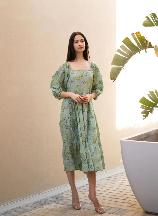 Sanskrutihomes  Green All Over Print Square Neck Midi Dress for Women | Best Price UAE