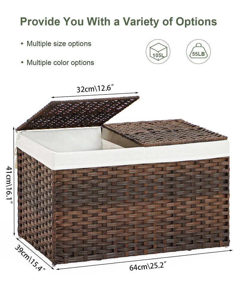 SETVSON Storage Basket with Lid Rattan Storage Basket with 2 Separate Lid, 27.8 Gallon (105 L) 25.2 * 15.4 * 16.1 Inches Woven Wicker Baskets with 2 Liners and Handles for Bedroom Laundry-Brown - Image 4