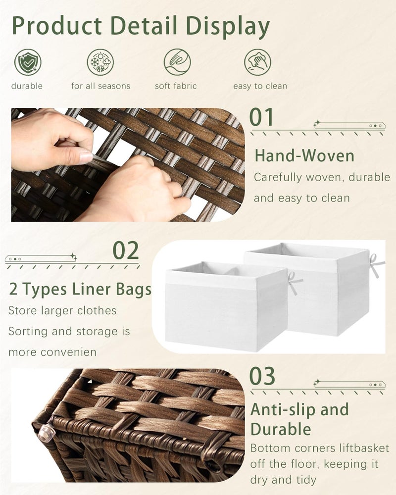 SETVSON Storage Basket with Lid Rattan Storage Basket with 2 Separate Lid, 27.8 Gallon (105 L) 25.2 * 15.4 * 16.1 Inches Woven Wicker Baskets with 2 Liners and Handles for Bedroom Laundry-Brown - Image 3