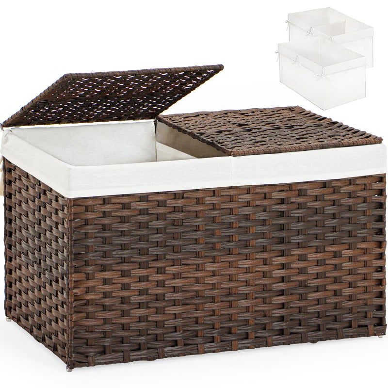 SETVSON Storage Basket with Lid Rattan Storage Basket with 2 Separate Lid, 27.8 Gallon (105 L) 25.2 * 15.4 * 16.1 Inches Woven Wicker Baskets with 2 Liners and Handles for Bedroom Laundry-Brown - Image 1