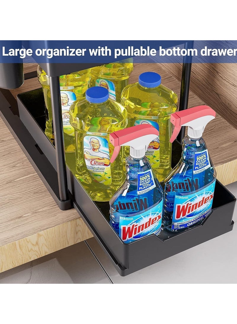  CityRiya-Long تحت منظم سلة مجلس الوزراء المنزلق ، 2 طبقة تحت الحوض ، خزانة منظمي التخزين للمطبخ والحمام ، اسحب رف التخزين المنزلق مع كوب معلق واحد و 4 خطافات ، رف التخزين الأسود للمطبخ ، الحمام ، المكتب - Image 2