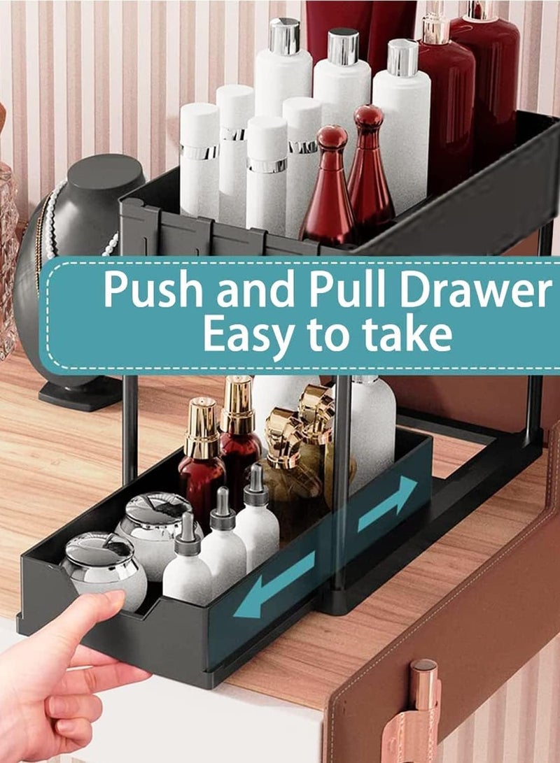  CityRiya-Long تحت منظم سلة مجلس الوزراء المنزلق ، 2 طبقة تحت الحوض ، خزانة منظمي التخزين للمطبخ والحمام ، اسحب رف التخزين المنزلق مع كوب معلق واحد و 4 خطافات ، رف التخزين الأسود للمطبخ ، الحمام ، المكتب - Image 3