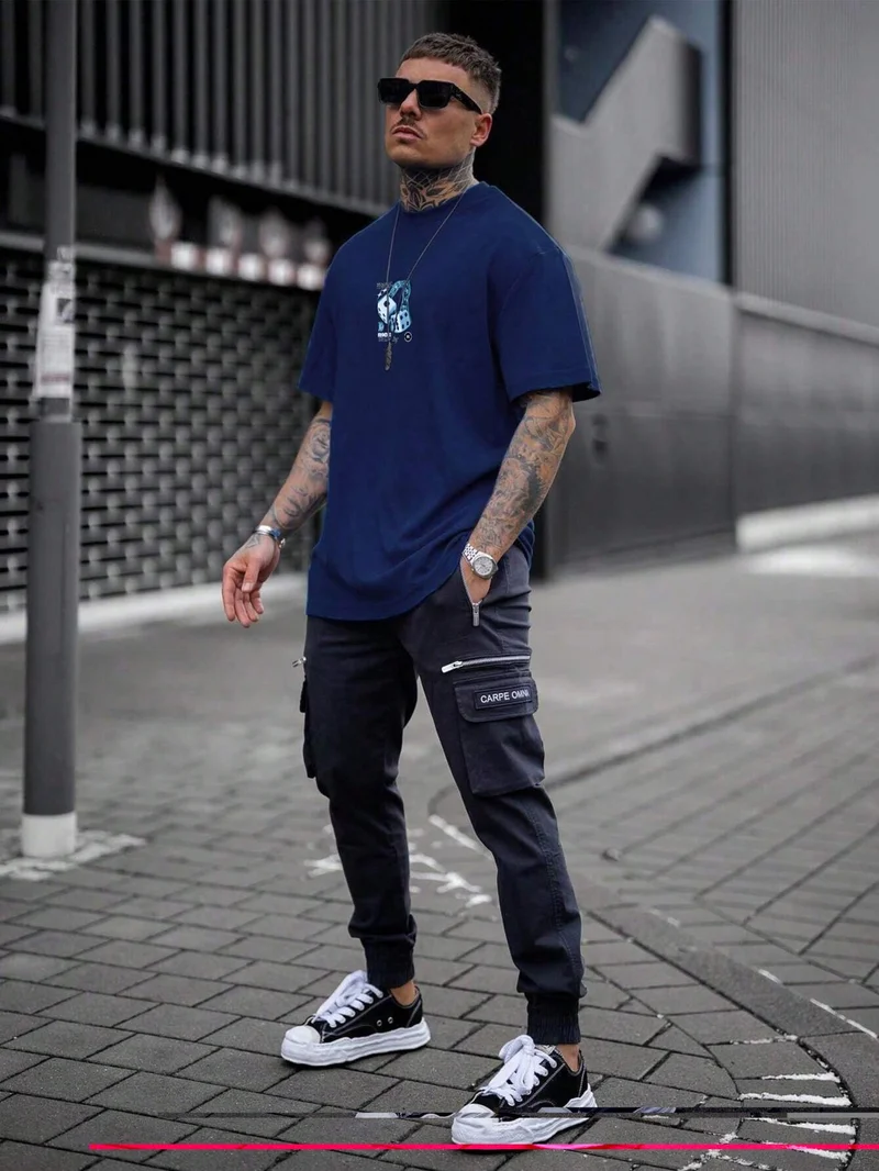 DogFish Oversize Printed Navy Blue Casual T-Shirt 100% Cotton