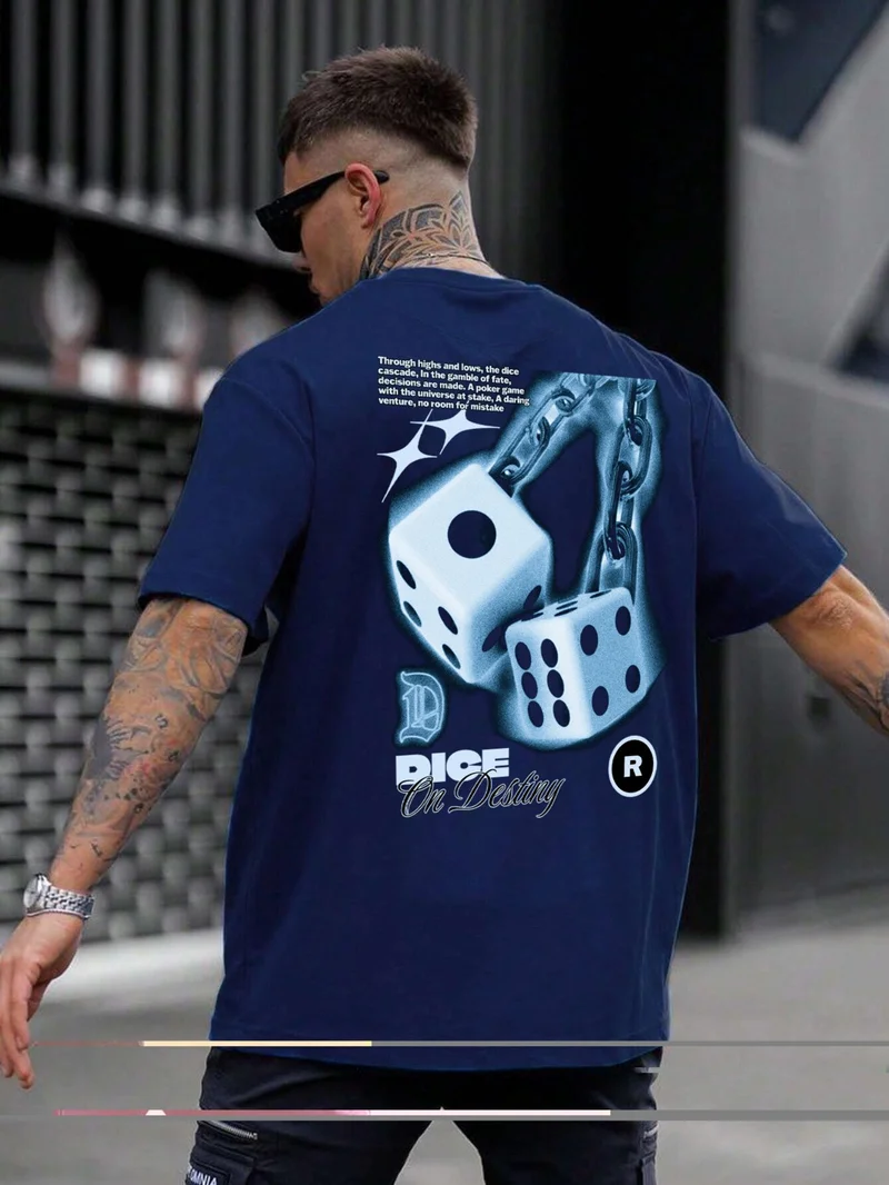 DogFish Oversize Printed Navy Blue Casual T-Shirt 100% Cotton