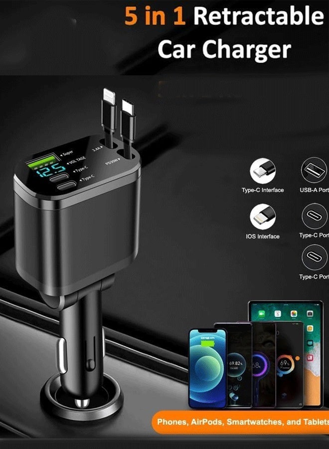 XiuWoo Retractable Car Charger 5 in 1, 69W Fast Charging with 2X Retractable Cords [IOS Interface+ Type-C], 2X Type-C & 1X Type-A Port for iPhone 16/15/14/13/12, Samsung, and More - Black - Image 1