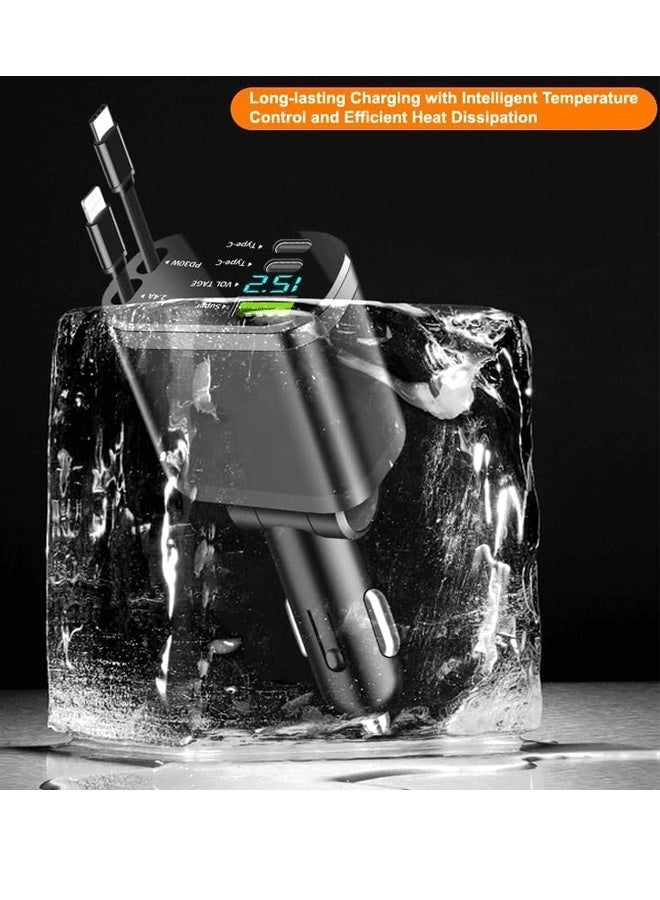 XiuWoo Retractable Car Charger 5 in 1, 69W Fast Charging with 2X Retractable Cords [IOS Interface+ Type-C], 2X Type-C & 1X Type-A Port for iPhone 16/15/14/13/12, Samsung, and More - Black - Image 5